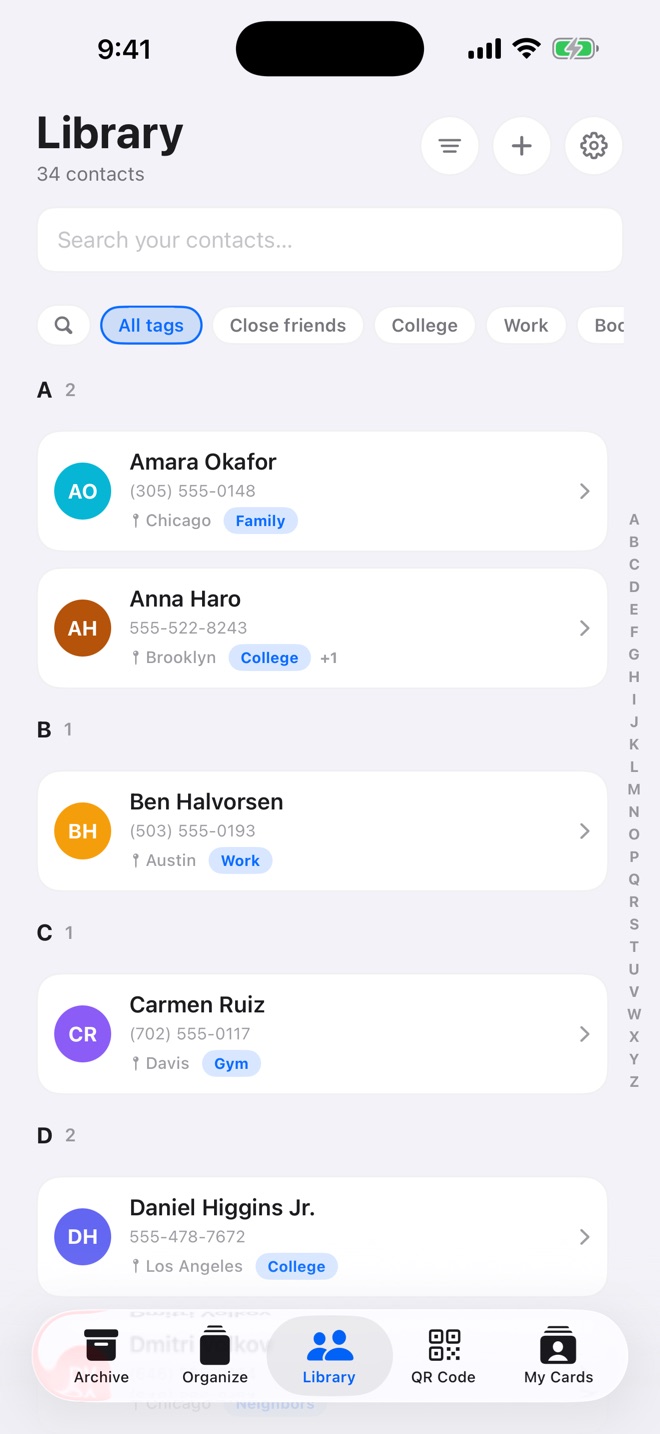 The Library: every contact with their city and tags