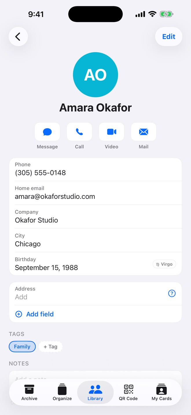 A contact: phone, email, company, city and birthday with a star sign